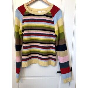 Vtg Rainbow Striped Dopamine Kawaii Sweater Women's XL Wool Blend Preppy Kidcore